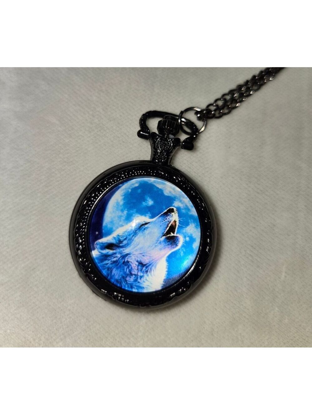 Vintage Black and Blue Fantasy Wolf Pocket Watch Necklace with Chain - New, 1.5"
